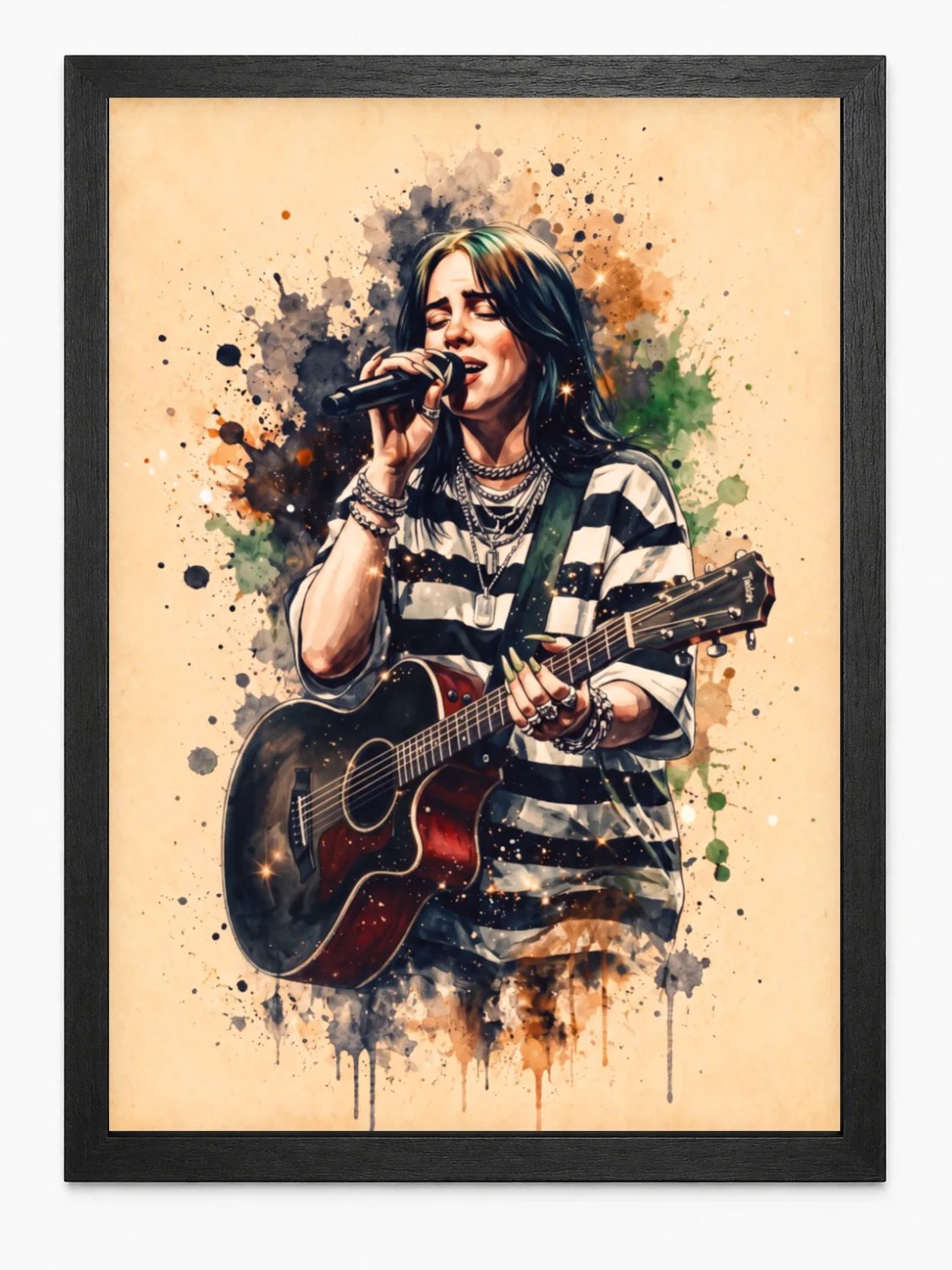 Billie Eilish Poster Watercolor Art | Aquarel Muziekposter | Inclusief Zwarte A3 Lijst