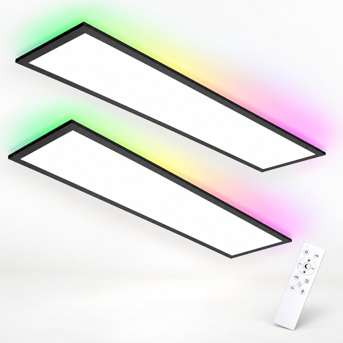LOVHAUS 2 Stuks RGB LED Plafondlampen 100 x 25 cm - LED Panelen 30W 3300LM - 3000-6500K - Dimbaar met Afstandsbediening - Zwart