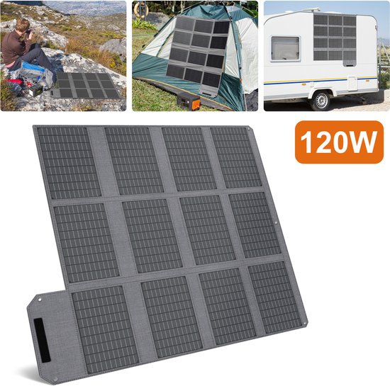 120W zonnepaneel in grijs met twaalf cellen, getoond in gebruik bij tent, camper en tijdens het wandelen.