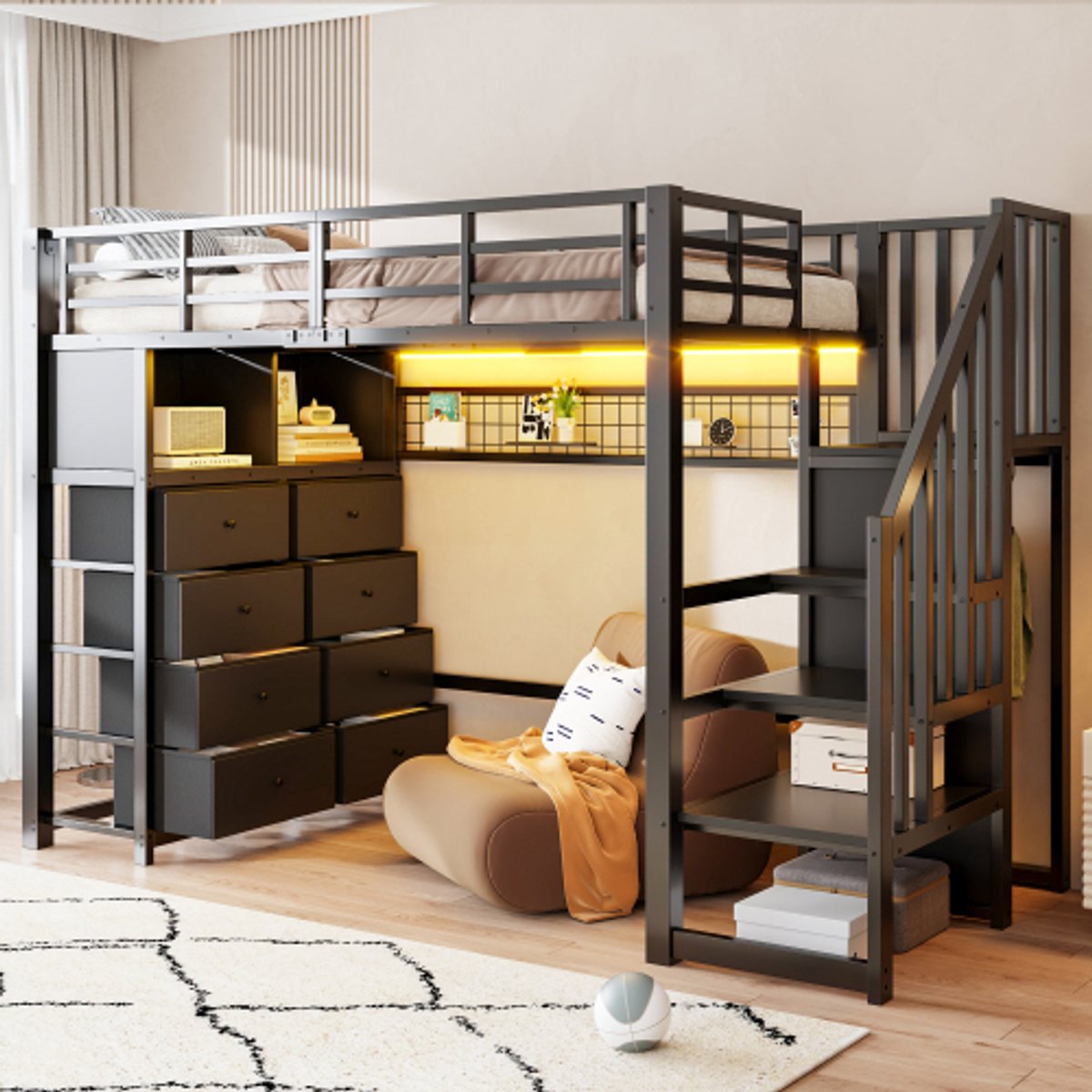 Zubaliya Zwarte Metalen Hoogslaper 90x200 cm met 8 Lades & Opbergtrap - Kinderbed met Kledingkast, LED Verlichting, Boekenplanken & Pegboard - Zwart