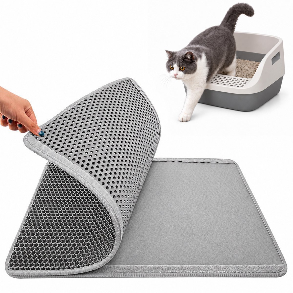 Kattenbakmat – Waterdicht – Dubbele Laag met Honingraatstructuur & Afneembare Klittenbandsluiting – Schoonloopmat voor Alle Kattenbakken & Strooiselsoorten – Wasbaar – Voor Katteneigenaren – Grijs – 45 × 60 cm – 1 Stuk