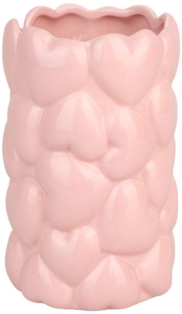 Ostaria Vaas Hartjes - roze - keramiek - 21 cm - bloemenvaas - moederdag / valentijn