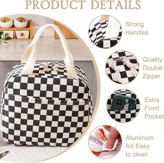 Tas-Picknicktas-Luxe Geïsoleerde Lunchtas - Zwart-wit Geblokt - Koeltasje voor Dames en Heren - Thermische Lunch Bag voor Werk en Picknick - Vershoudtas - 25.4x19x19 cm — afbeelding 2