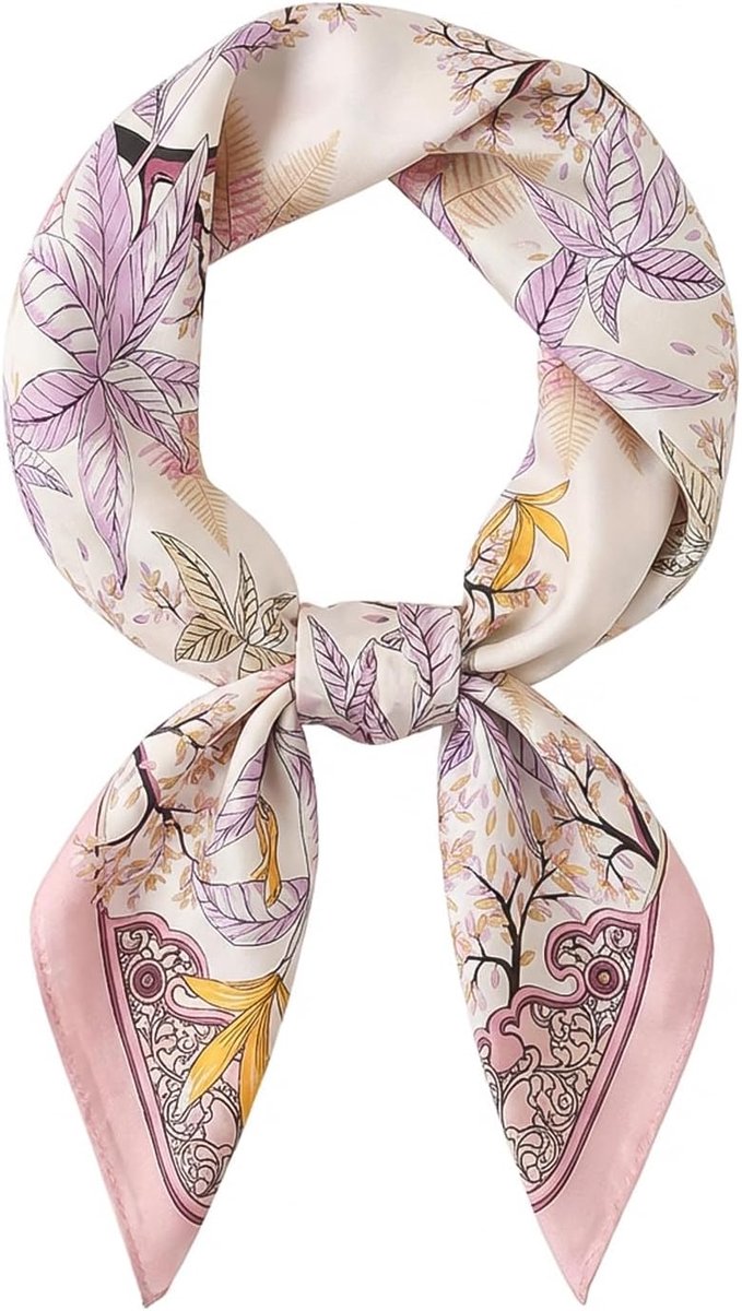 IGXX Silk Scarf Square for Women, 100% Mulberry Silk Satin, 53x53cm, Hair Scarf and Neck Stick, Pink Leaves Pattern - ShopVlot