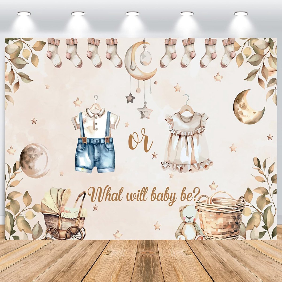 Gender Photo Background 2.2x1.5m, Boho Beige Baby Clothes Socks Leaves Sun Moon Little Bear Photo Wall Background - ShopVlot