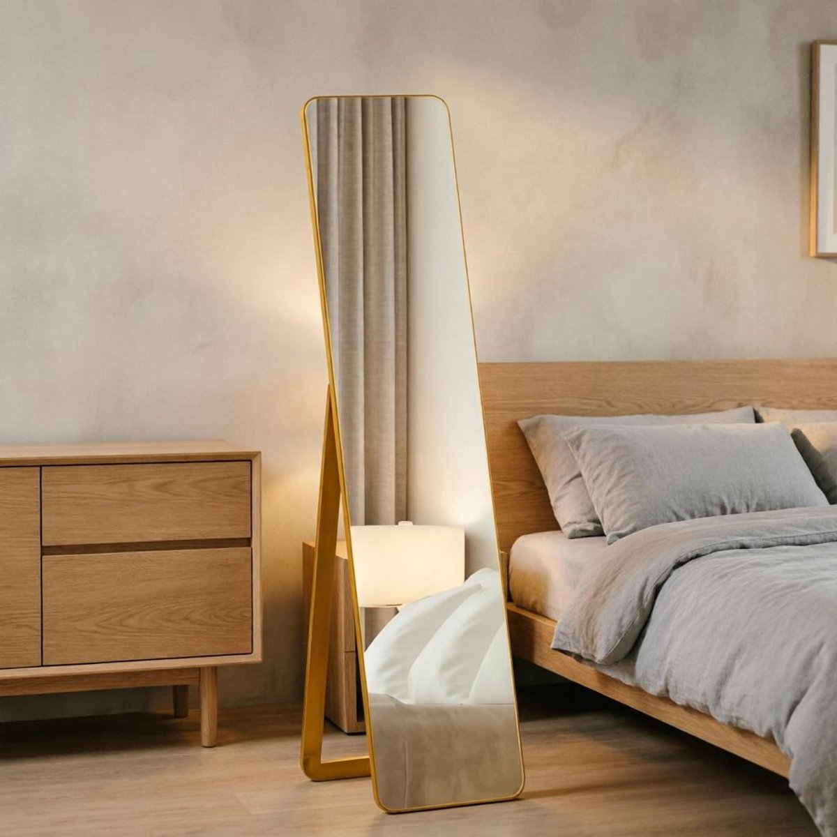 MODENUIT Staande Spiegel – 37 x 43 x 156 cm – Hout, MDF en Glas – Walnootkleur – Wandmontage – Met Steunframe Licht walnoot