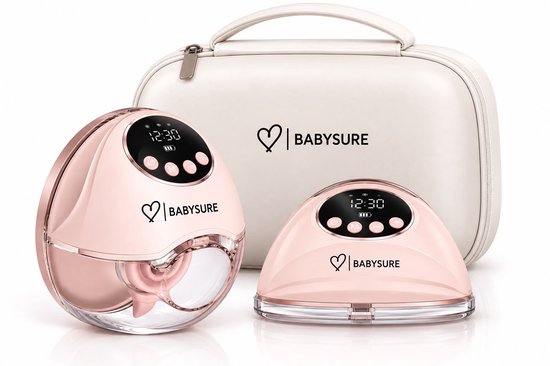 Twee roze BabySure draadloze elektrische borstkolven met digitale displays, naast een bijpassende roze draagtas.