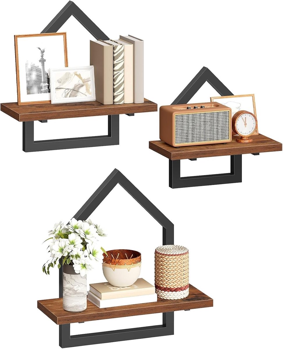 Set van 3 Drijvende Wandplanken met Pentagonaal Metaalframe voor Woonkamer, Vintage Bruin en Zwart, Ideaal voor Decoratie en Opslag