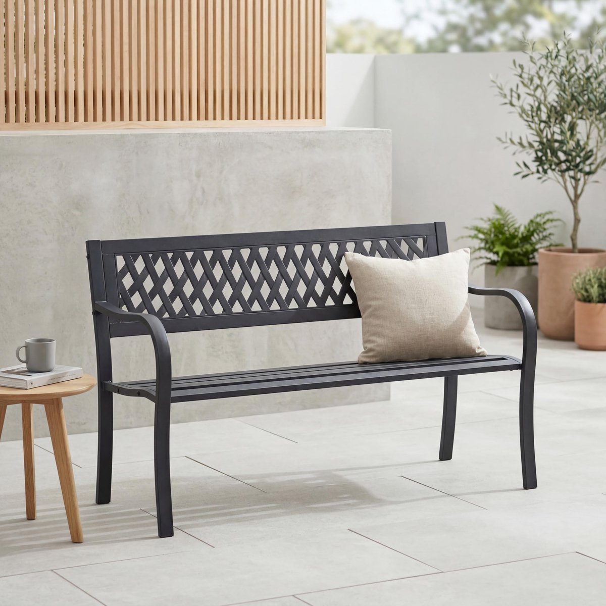 Home Discount Garden Vida Stalen Tuinbank, Roosterstijl Ontwerp 3-zits Tuinmeubilair Zitplaatsen Park Patio Seat - ShopVlot