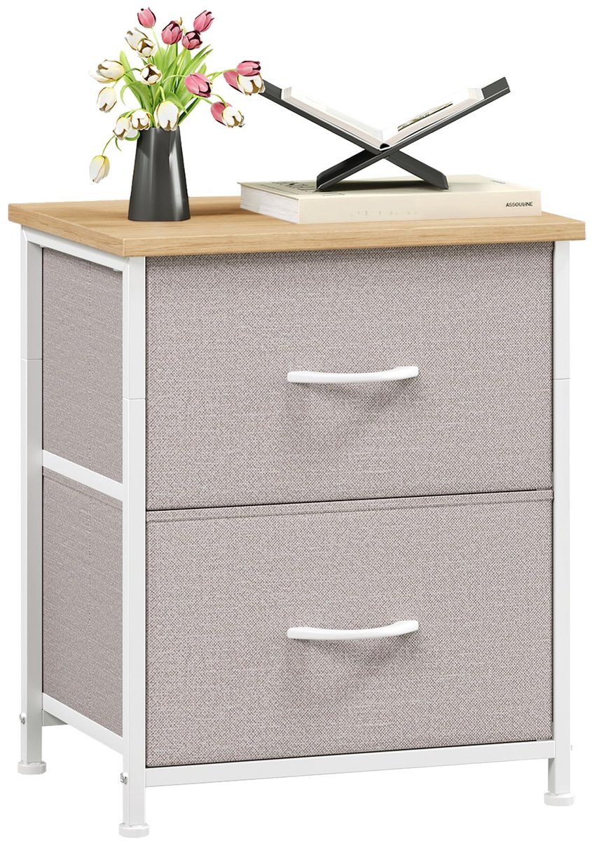 Somdot Nachtkastje met 2 Stoffen Lades, bijzettafel, ladekast voor slaapkamer, woonkamer, kinderkamer, 1 set, Asgrijs - ShopVlot
