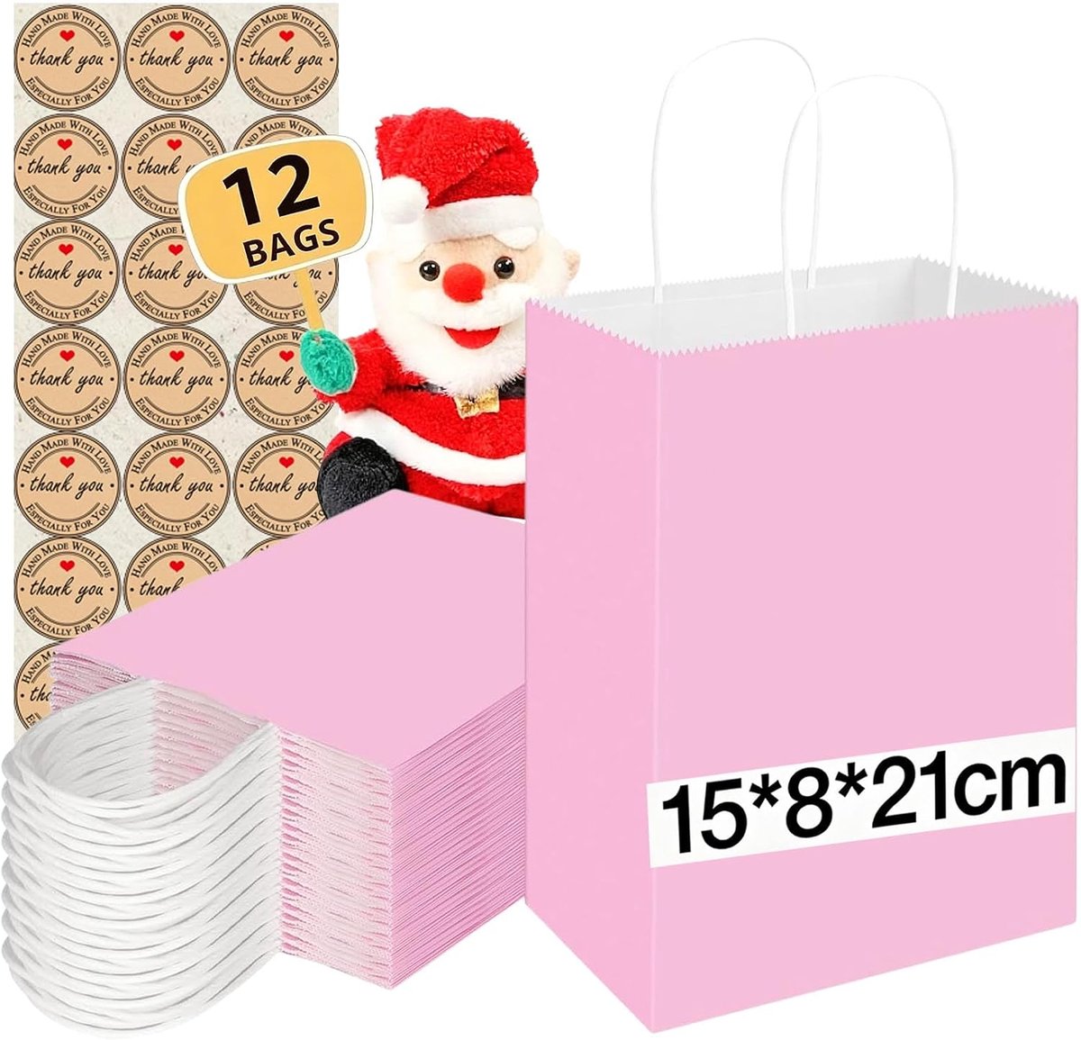 Geschenkzakjes 12 stuks - Kraftpapier 130 g/m² - Met handvat en stickers - Ideaal voor feesten - ShopVlot