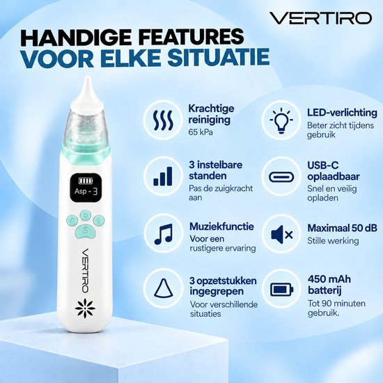 Witte en groene neusreiniger met USB-C poort, batterij-indicator en instelbare zuigkracht. Muziek en LED-verlichting.