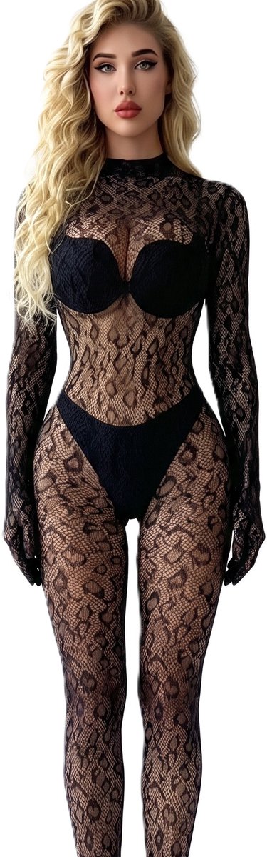 Luipaard Visnet Bodystocking Dames – Lingerie Body met Lange Mouwen – Transparante Catsuit – Zwart – One Size ca. EU XS-M