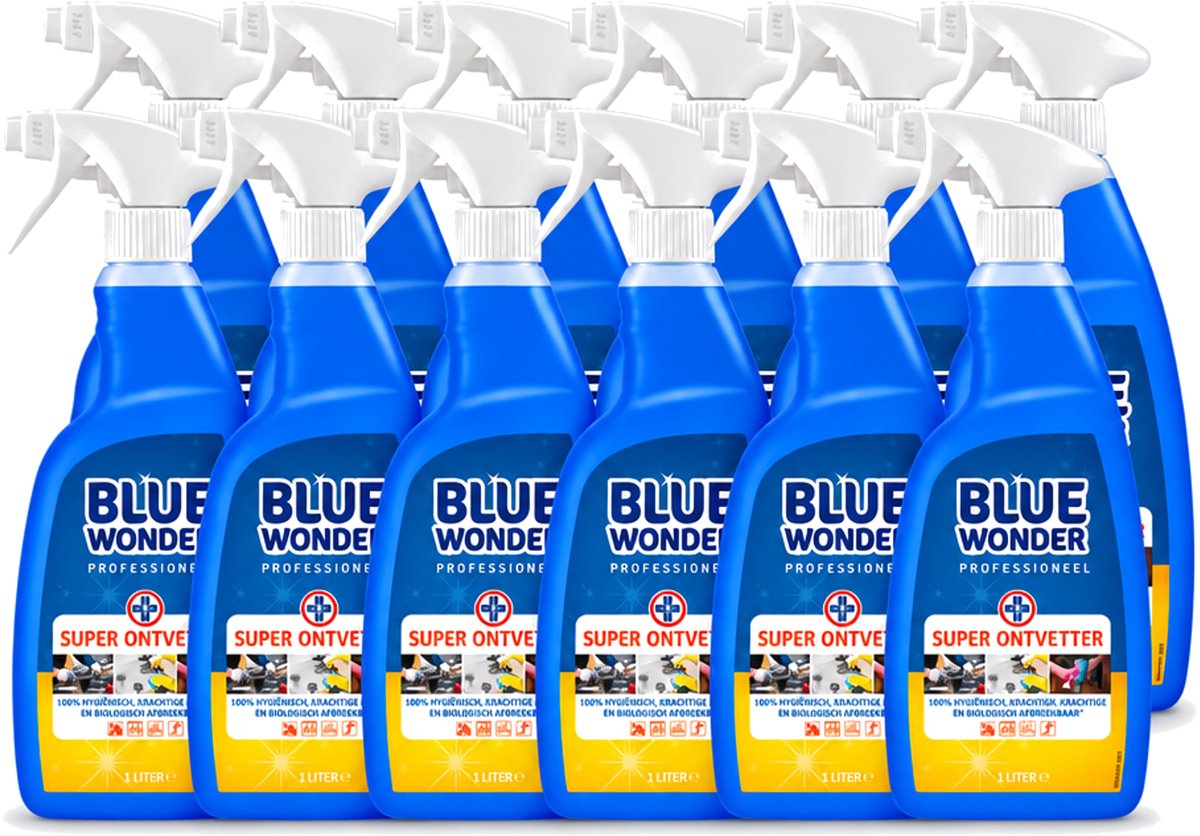 12 x Blue Wonder - Professioneel Superontvetter - Spray - Krachtige Ontvetter - 1 Liter - Voordeelverpakking - 12 stuks