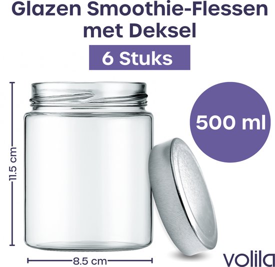 Glazen fles van 500 ml met een metalen schroefdeksel, 11,5 cm hoog en 8,5 cm breed.