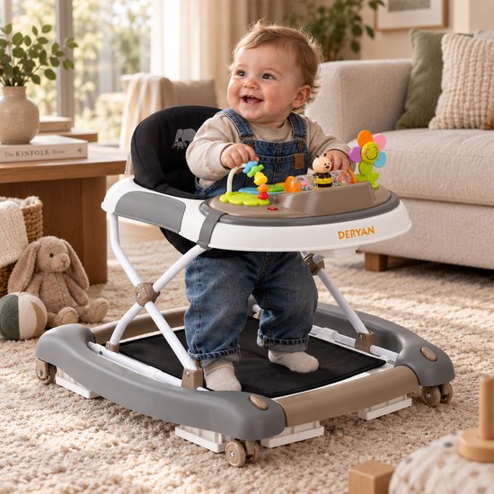 Deryan Luxe 4-in-1 Loopstoel - Schommelfunctie -Inclusief speelset en dienblad - inklapbaar - Bruin van Deryan — afbeelding 2