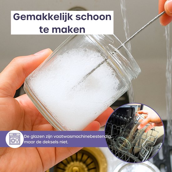 Een glazen fles wordt met een afwasborstel gereinigd; inzet toont de glazen in de vaatwasser.
