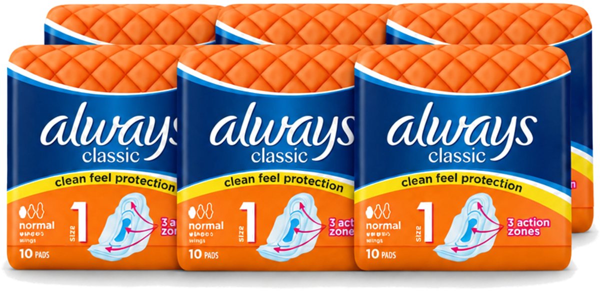 6 x Always Classic - Maandverband - Normaal met Vleugels - 10 Maandverbandjes - Voordeelverpakking - 6 stuks