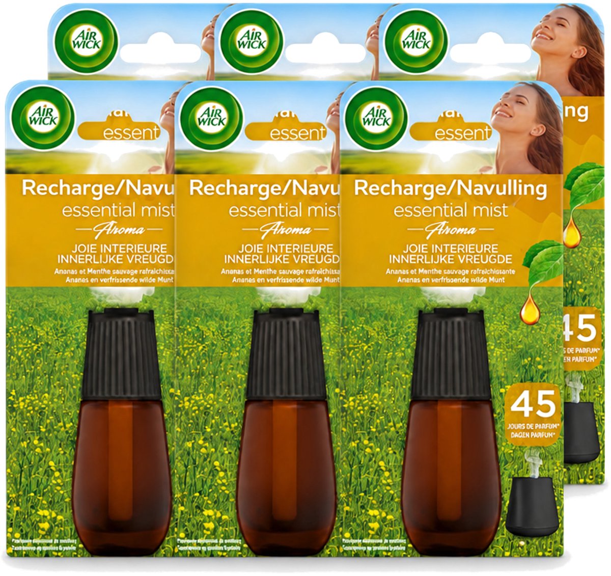 6 x Air Wick Essential Mist - Navulling - Happiness - Ananas & Wilde Munt - 20ml - Voordeelverpakking - 6 stuks