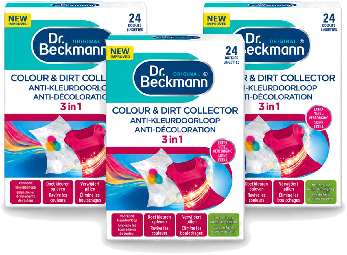 3 x Dr. Beckmann - Anti-Kleur Doorloopdoekjes - Kleurbescherming - Witte en Gekleurde Was - 24 Doekjes - Voordeelverpakking - 3 stuks