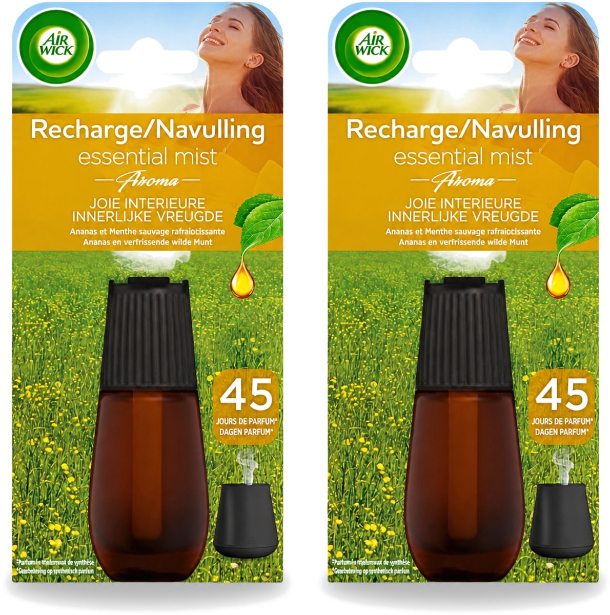 2 x Air Wick Essential Mist - Navulling - Happiness - Ananas & Wilde Munt - 20ml - Voordeelverpakking - 2 stuks