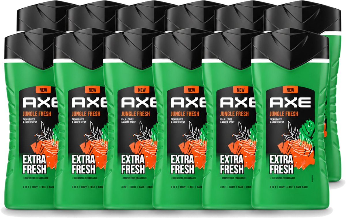 12 x Axe - 3-in-1 Douchegel - Jungle Fresh - Palm Leaves & Amber - Extra Fresh - 250 ml - Voordeelverpakking - 12 stuks