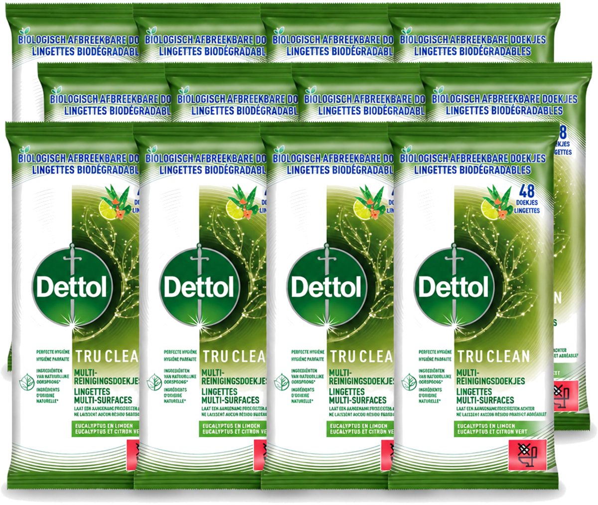 12 x Dettol Tru Clean - Multi-reinigingsdoekjes - Eucalyptus & Limoen - Biologisch Afbreekbaar - 48 Stuks - Voordeelverpakking - 12 stuks