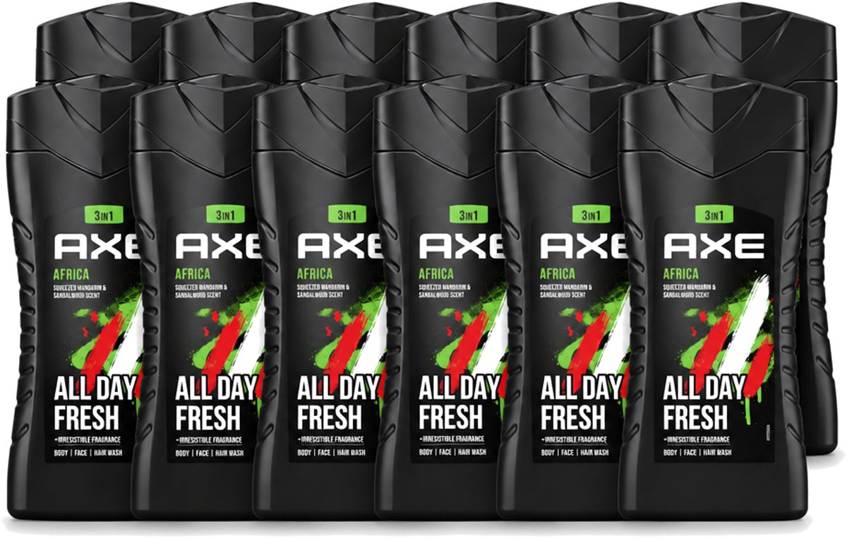 12 x Axe - 3-in-1 Douchegel - Africa - Squeezed Mandarin & Sandalwood - 12hrs Long Lasting Scent - 250 ml - Voordeelverpakking - 12 stuks