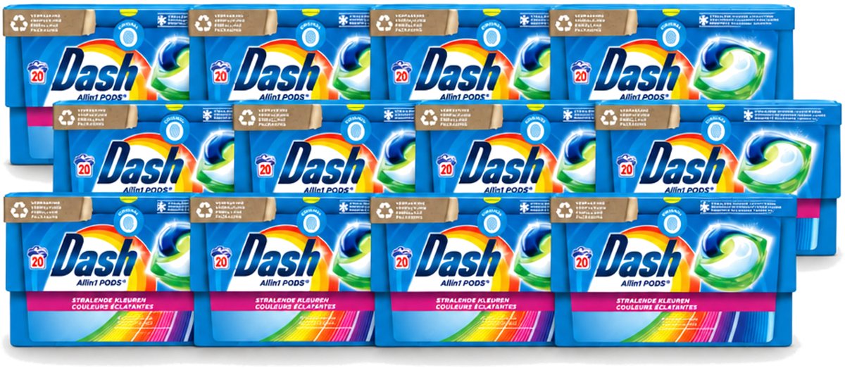 12 x Dash - Stralende Kleuren - Wasmiddel Capsules - All-in-1 Pods - Gekleurde Was - 20 Wasbeurten - Voordeelverpakking - 12 stuks