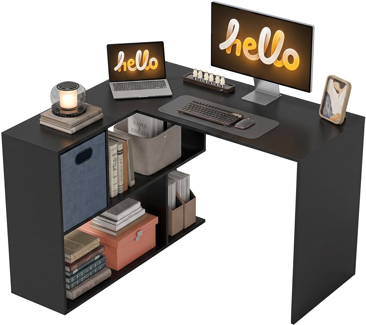 Ropilly Hoekbureau Zwart - L-vormig Computerbureau met Lade en Opbergruimte - Bureau voor Thuiswerk, Studiekamer en Gaming - 110 x 100 x 75 cm