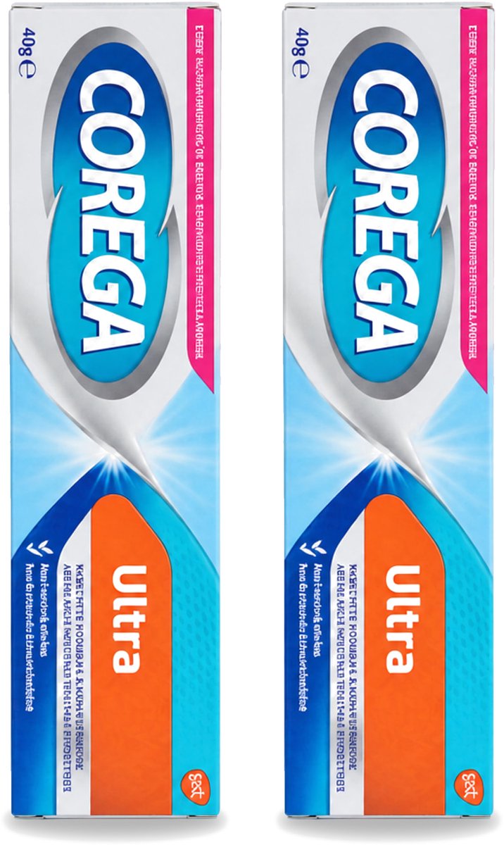 2 x Corega Ultra Kleefcrème - Krachtig Houvast & Bescherming - Met Verfrissende Mintsmaak - 40g - Voordeelverpakking - 2 stuks
