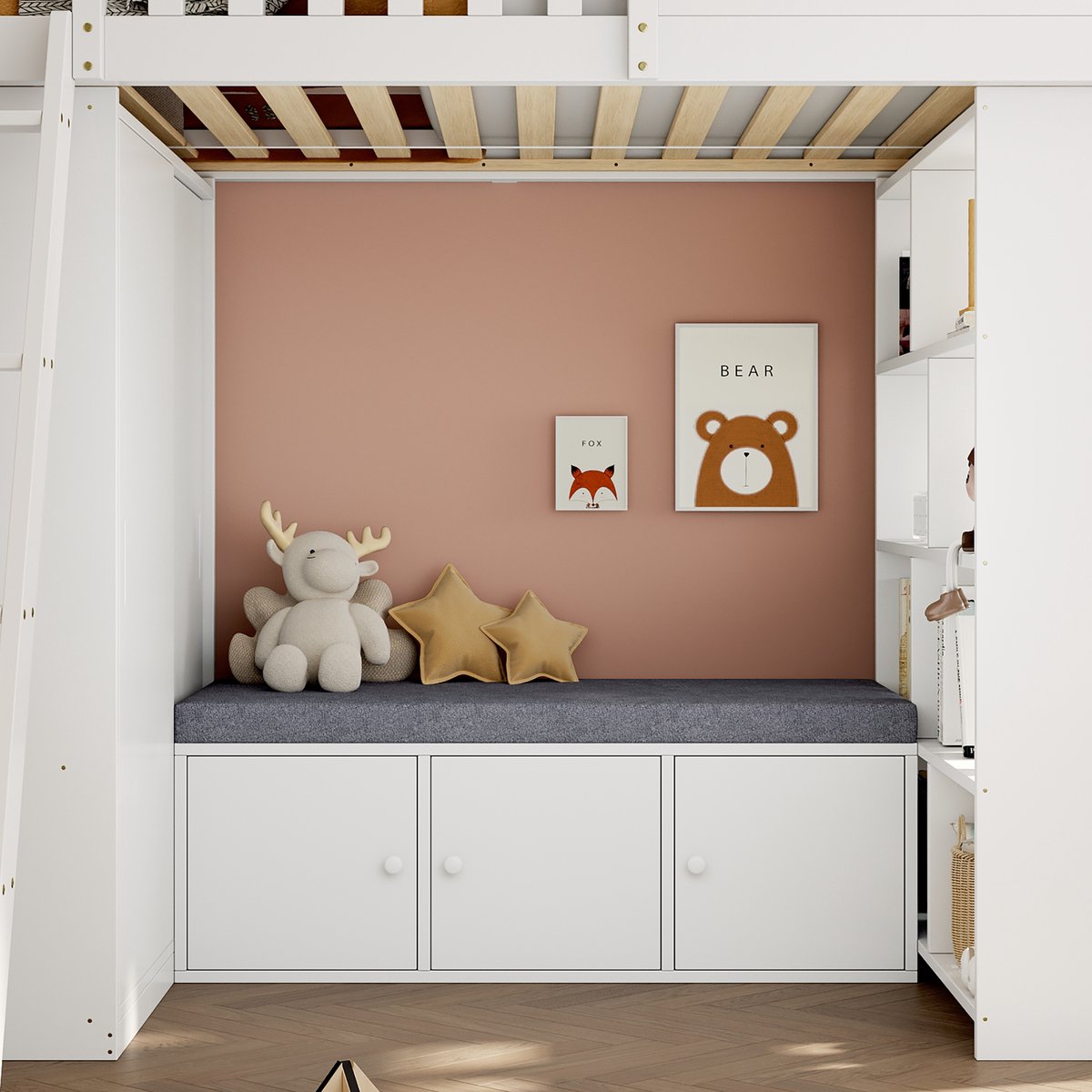 DESMIU Hoogslaper 90x200cm – Kinderbed Huisvorm En Ladder – Kledingkast, Open Rek En Zitbank Met Opbergruimte – Hout – Wit En Naturel – Zonder Matras