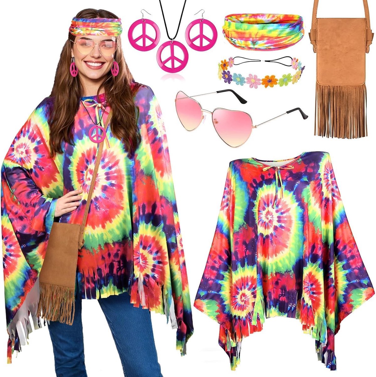 Hippie Kostuum voor Vrouwen en Tienermeisjes - Bohemian 70s Retro Outfit met Festival Accessoires en 60s Retro Decoraties