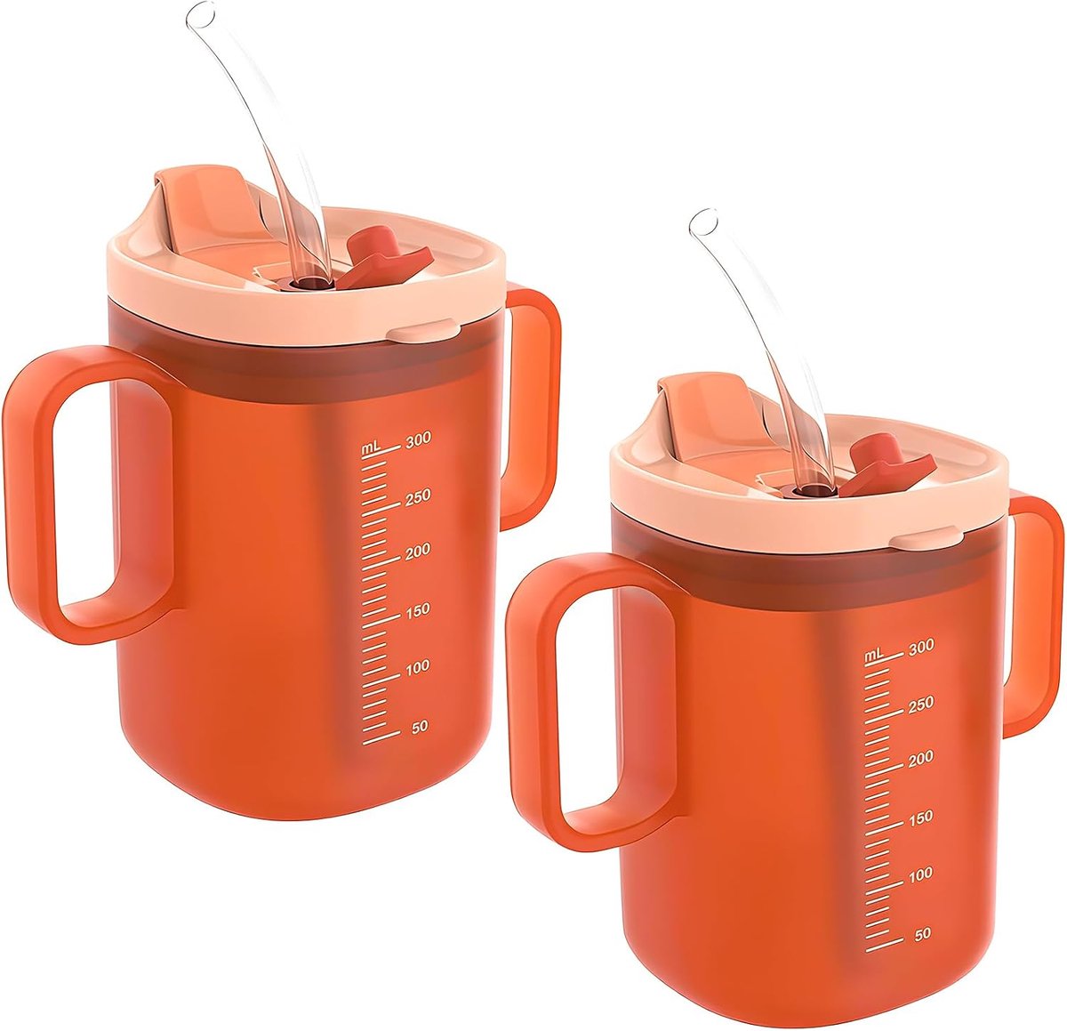 Siliconen drinkbeker voor senioren, 300 ml, met handvat en deksel, lekvrij, 2 stuks, oranje - ShopVlot