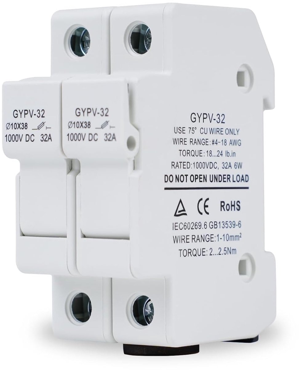 DEWIN Solar Fuse Holder DC1000V 2P 32A 35mm Din Rail Mount DC Fuse Base for 10 x 38mm - ShopVlot