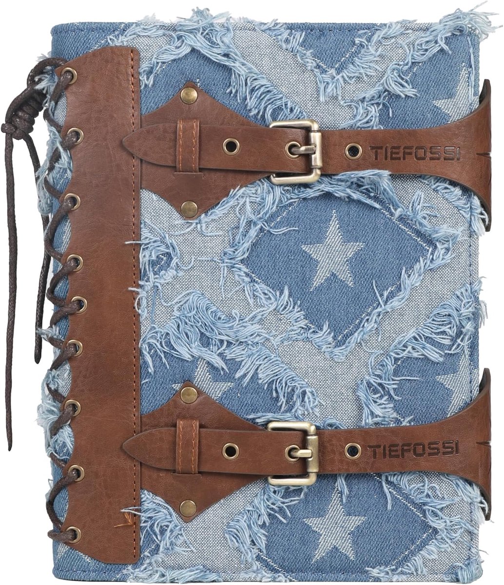 TIEFOSSI Denim Notebook Unisex Vintage PU Leather Diary with 6-Ring Mechnism, College Line, Refillable with Pockets - ShopVlot