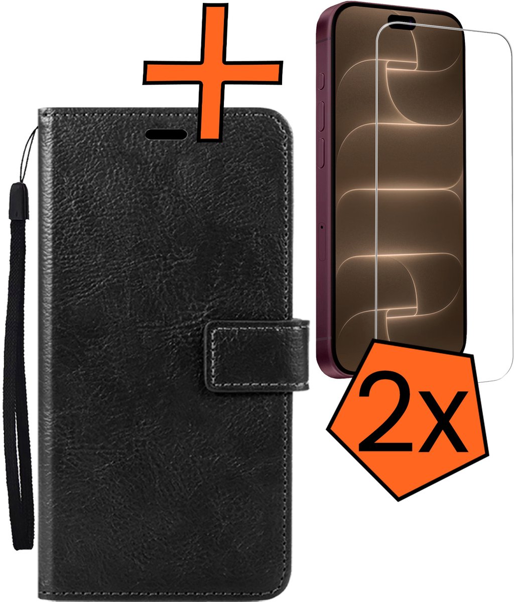 Hoes - Met 2x Screenprotector - Geschikt voor Apple iPhone 18 Pro - Luxe Pasjeshouder - Bookcase Portemonee - Flip Case - Kunstleer Book Case - Flipcase Hoes - Book Cover - Walletcase - PortemonneeHoes - Zwart