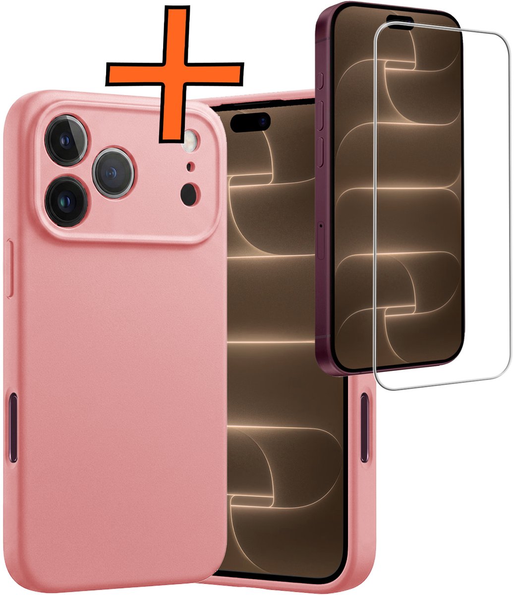 Hoes - Met Screenprotector - Geschikt voor Apple iPhone 18 Pro - Sterk & Shockproof - Back Cover - Siliconen Case - Telefoon Hoes - Lichtroze