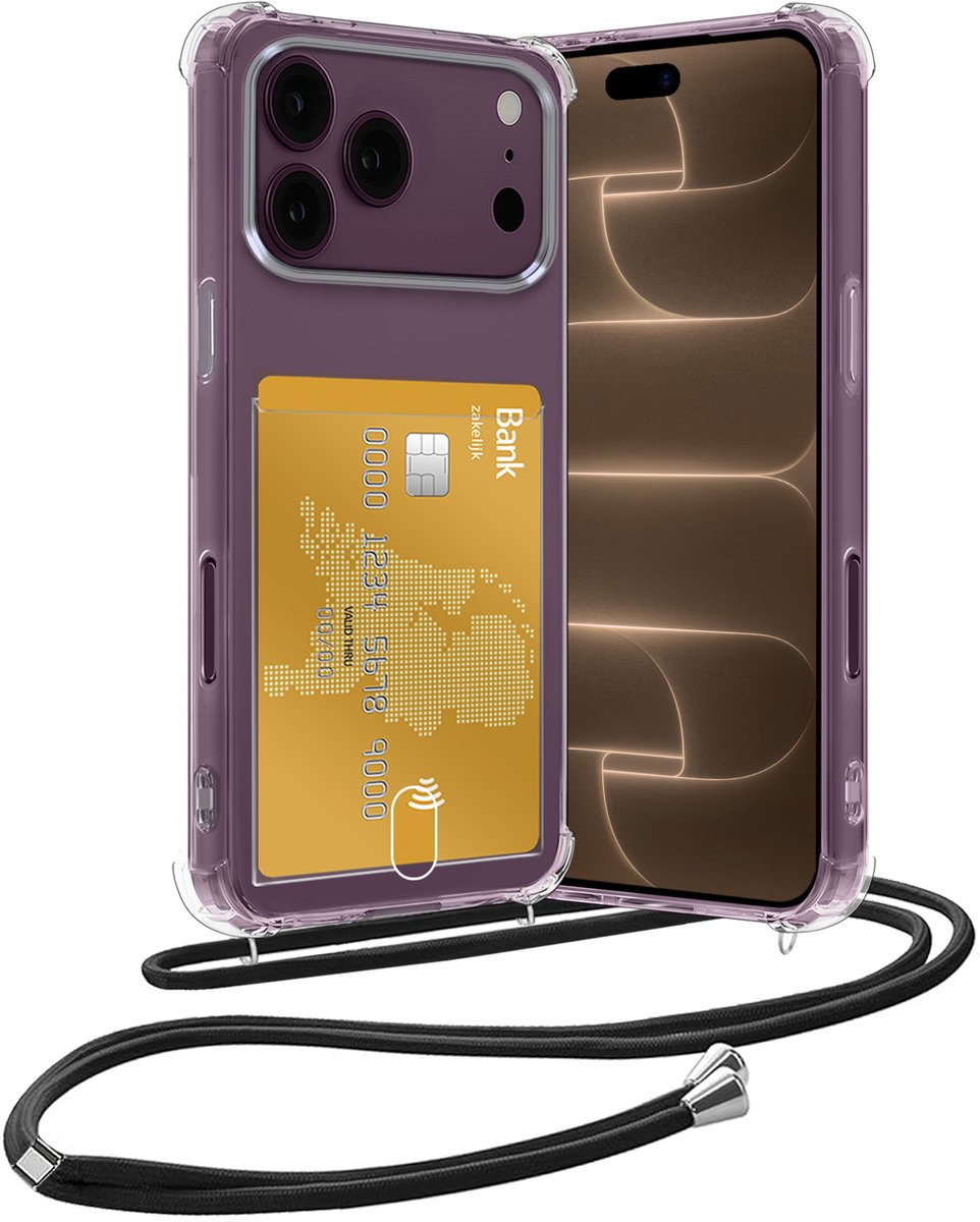 Hoesje Geschikt voor iPhone 18 Pro Max Hoesje Met Telefoonketting Pasjeshouder Shockproof Case Koord - Hoesje Geschikt voor iPhone 18 Pro Max Hoes Met Kaarthouder - Transparant