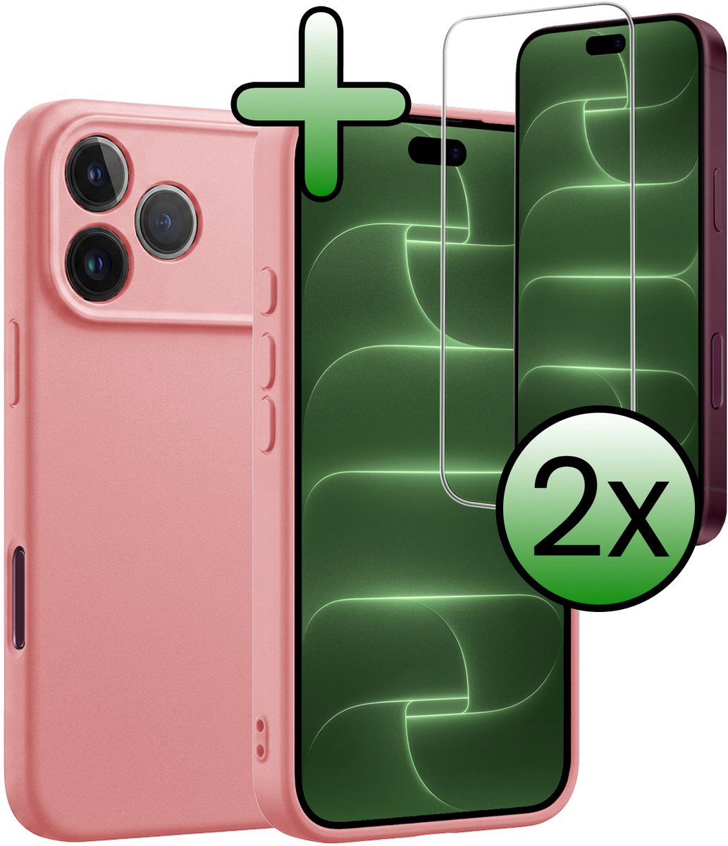 Hoesje Met 2x Screenprotector - Geschikt voor Apple iPhone 18 Pro - Sterk & Shockproof - Back Cover - Siliconen Case - Telefoon Hoes - Lichtroze