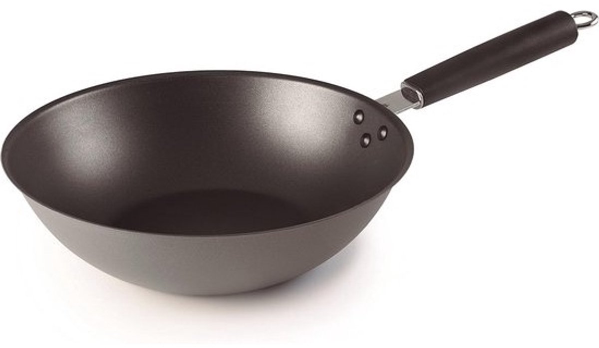Stalen wok - Roerbakpan - Voor lekker koken - Met antiaanbaklaag - 28 cm - Zwart