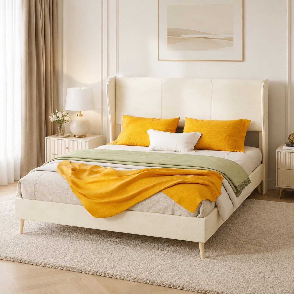 WUVRIE Gestoffeerd bedframe 140x200 cm met hoofdbord en lattenbodem, beige