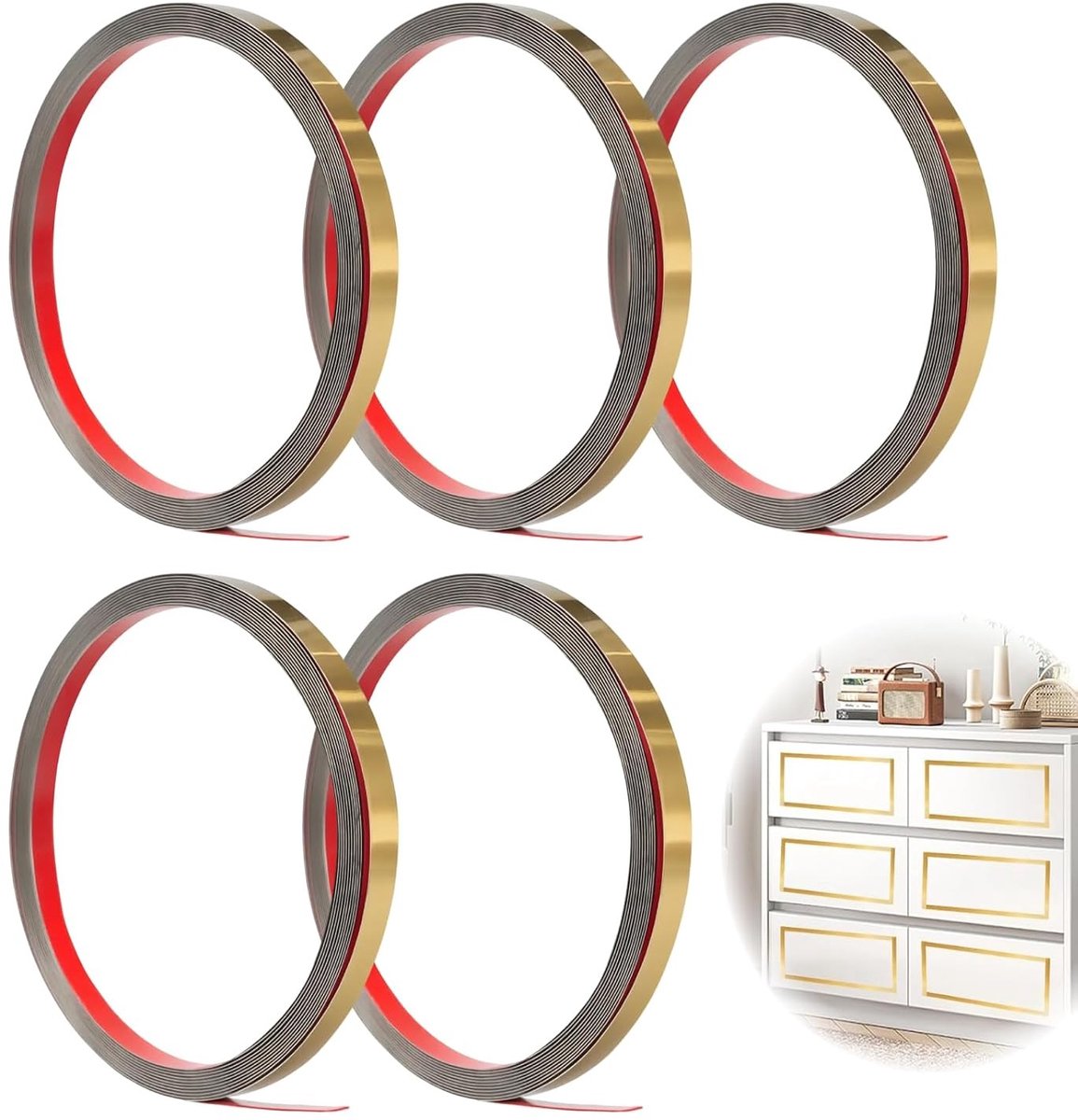 Decoratieve zelfklevende metalen strip van 5 m x 1 cm met spiegelachtige 8K afwerking voor spiegels, meubels en deuren