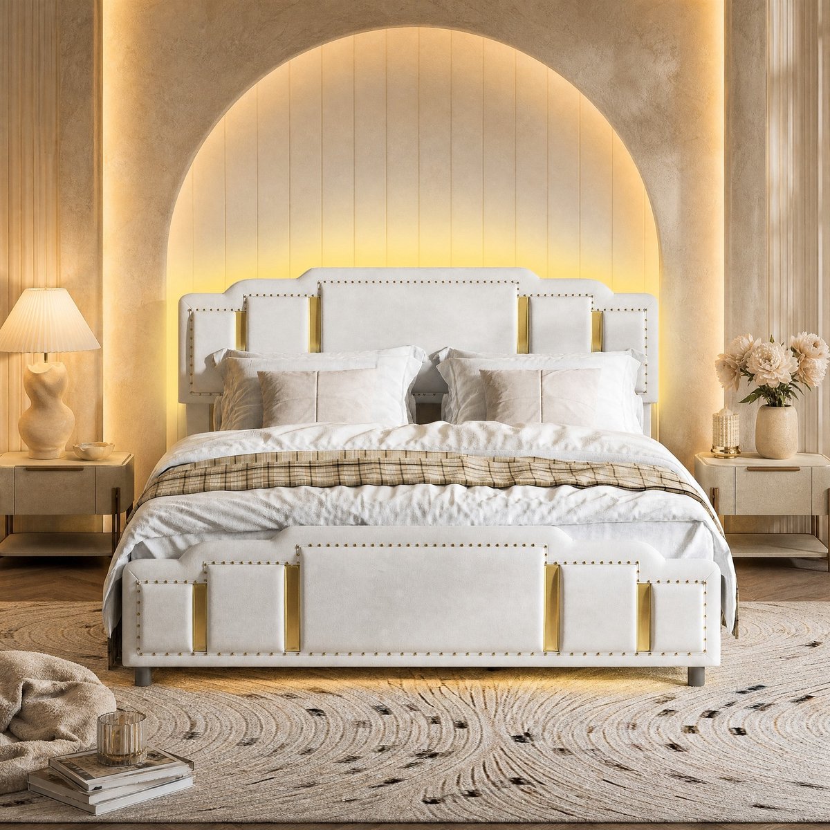 WUVRIE Gestoffeerd bed 140x200 cm met LED, 4 opberglades en verstelbaar hoofdeinde, beige fluweel