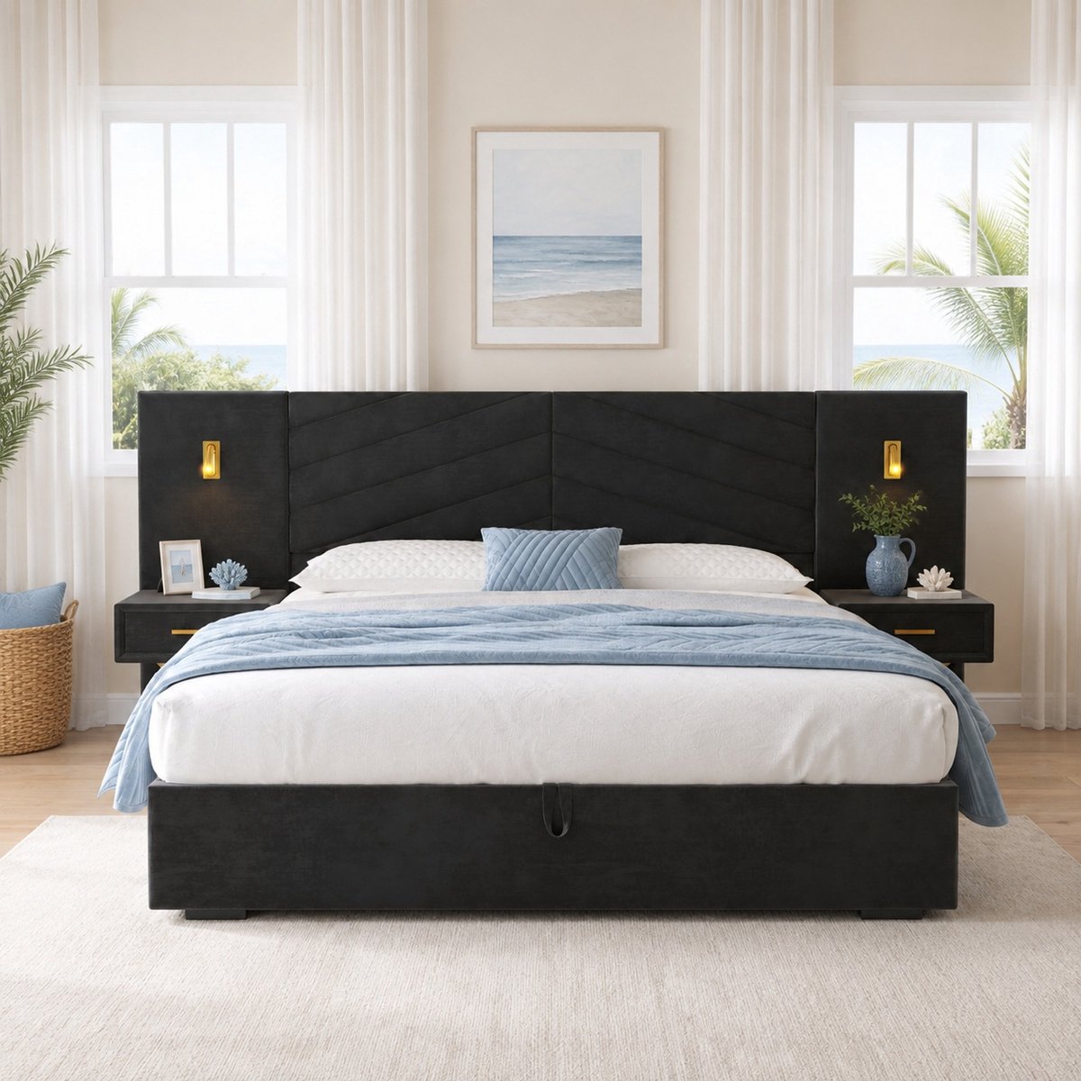 WUVRIE Opklapbed 160x200 cm met bedkast, 2 nachtkastjes en LED-verlichting, zwart