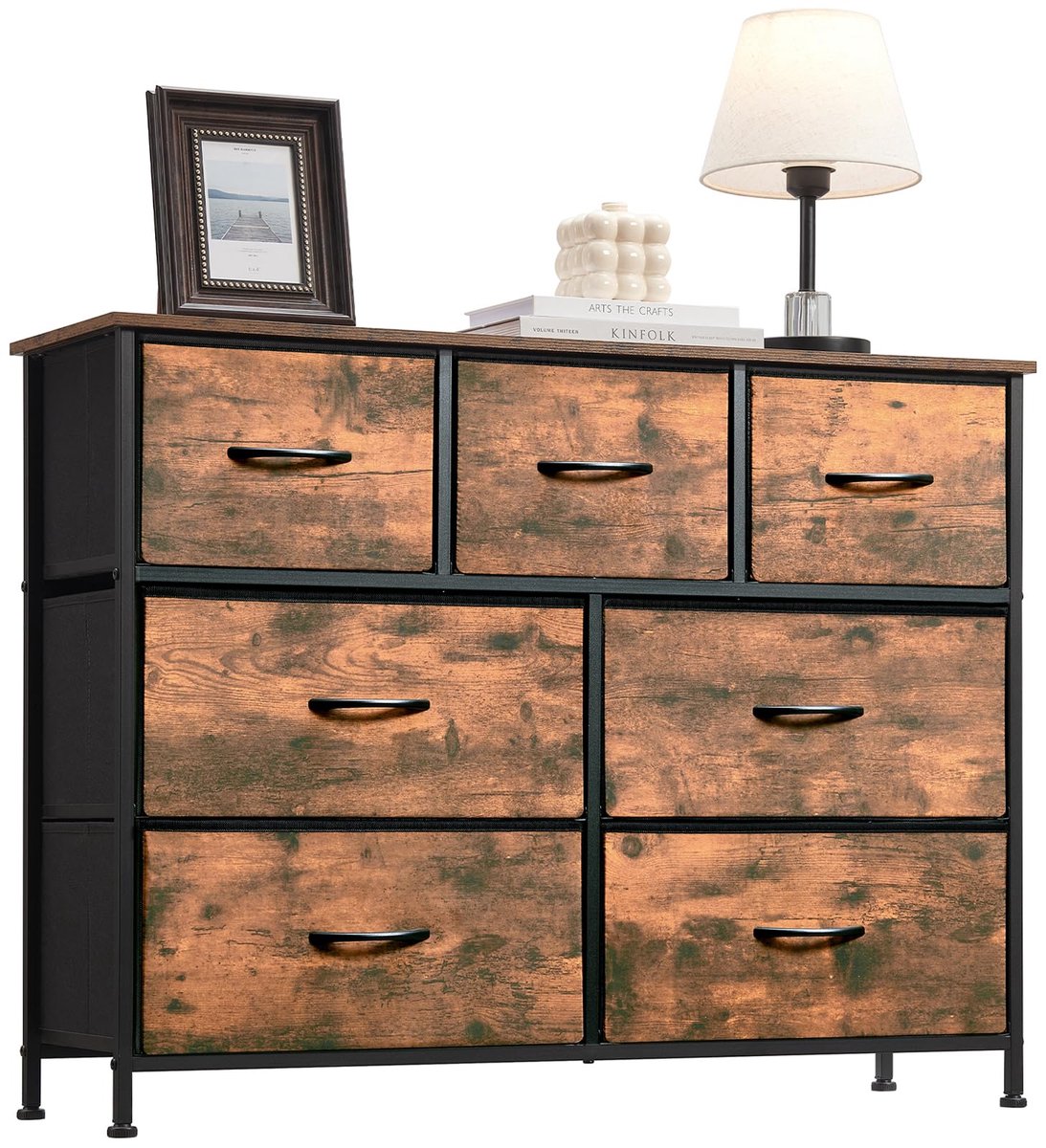 Somdot ladekast, dressoir met stalen frame en stoffen laden, commode, opbergkast voor slaapkamer, woonkamer - ShopVlot