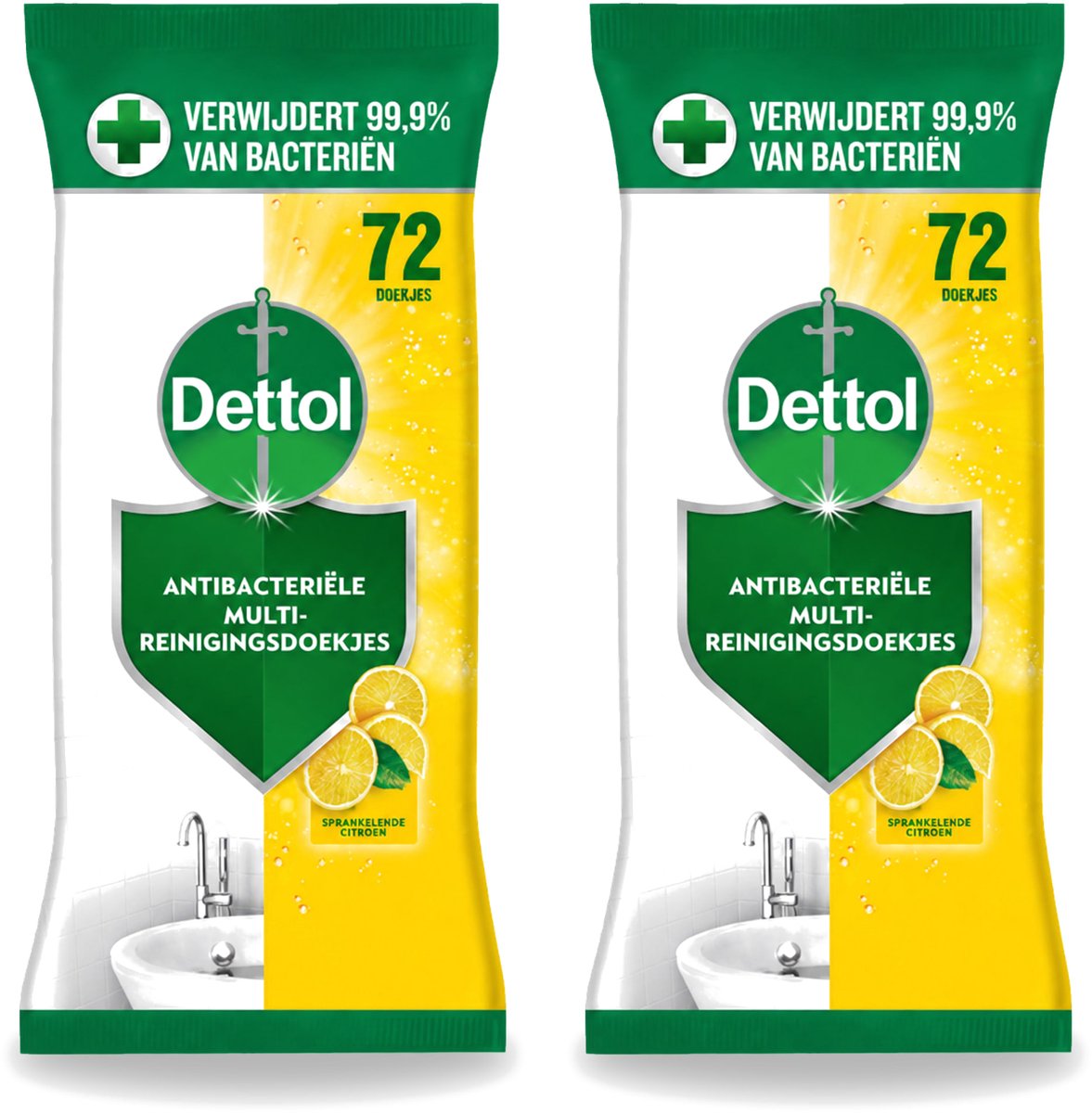 2 x Dettol - Reinigingsdoekjes - Sprankelende Citroen - 99,9% Bacterieverwijdering - 72 Doekjes - Voordeelverpakking - 2 stuks