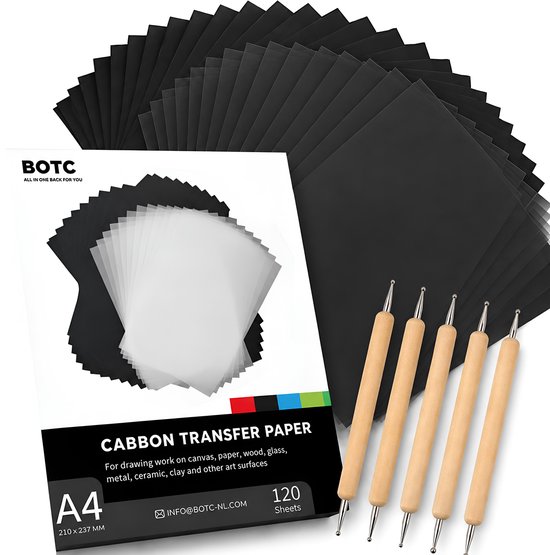 Zwarte A4 carbon transferpapier vellen, 120 stuks, met 5 houten transferpennen.