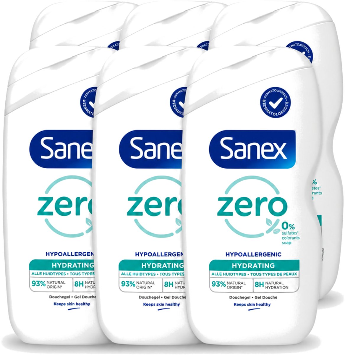 6 x Sanex Zero % - Douchegel - Hydrateert - Alle Huidtypes - 400 ml - Voordeelverpakking - 6 stuks
