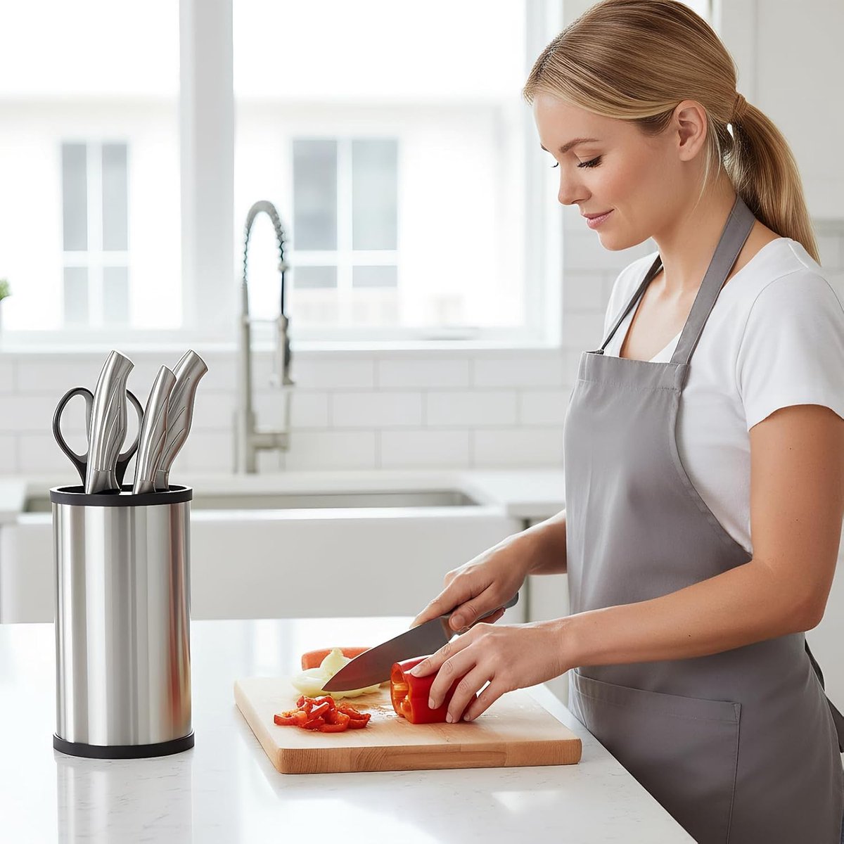 Messenhouder voor de keuken zonder messen, rond, van roestvrij staal, universeel messenblok met schaargleuf - ShopVlot